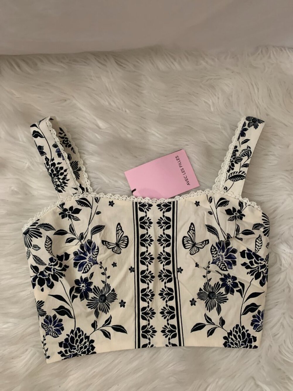 AVEC LES FILLES Butterfly Floral Corset Cropped Top in Navy/White Sz XS